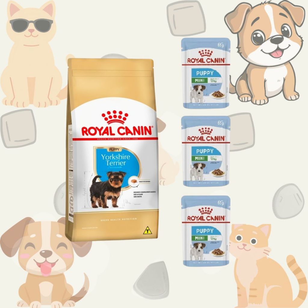 Kit Royal Canin Ração Puppy Yorkshire Terrier Seca Cães Filhotes + Ração Úmida Mini Puppy Cães Peq