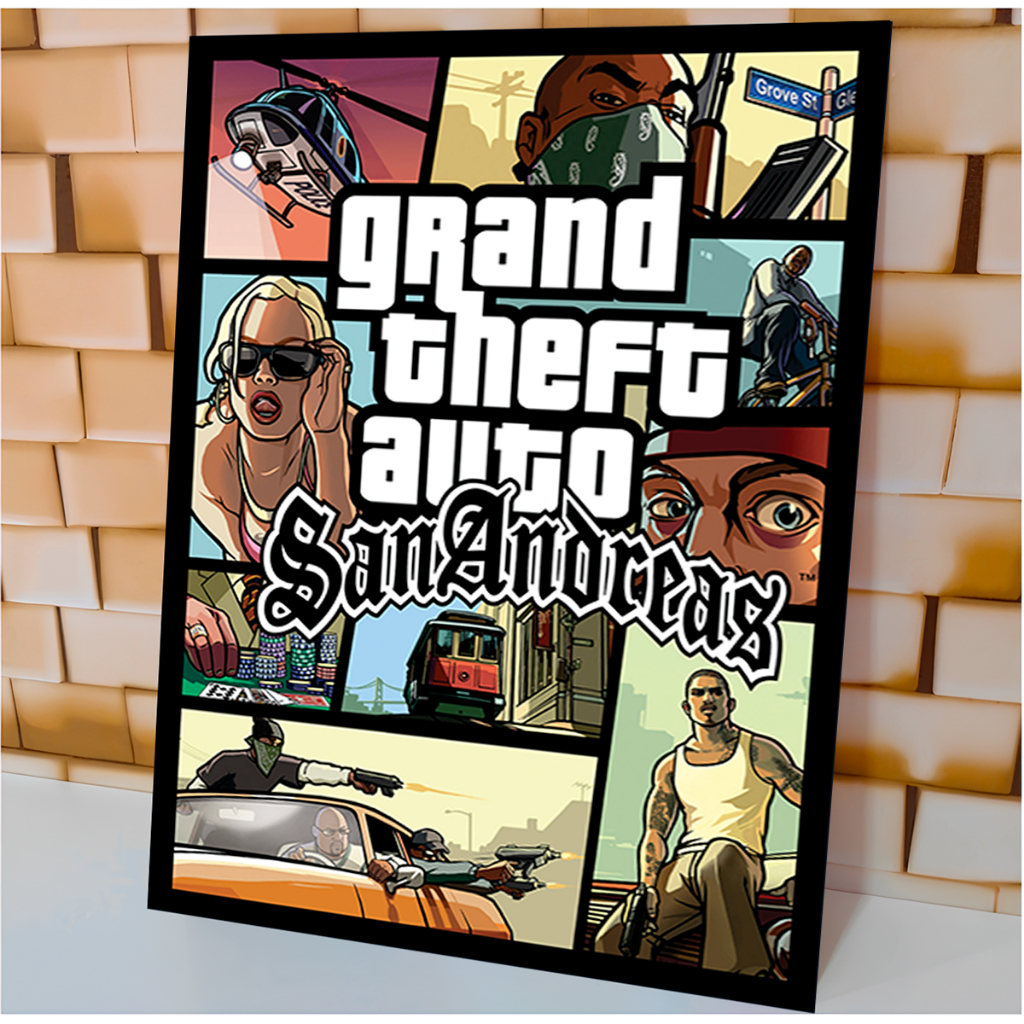 Quadro Decorativo GTA San Andreas Capa Game Grand Thief Auto Gamer Geek Para Quarto Sala Escritório