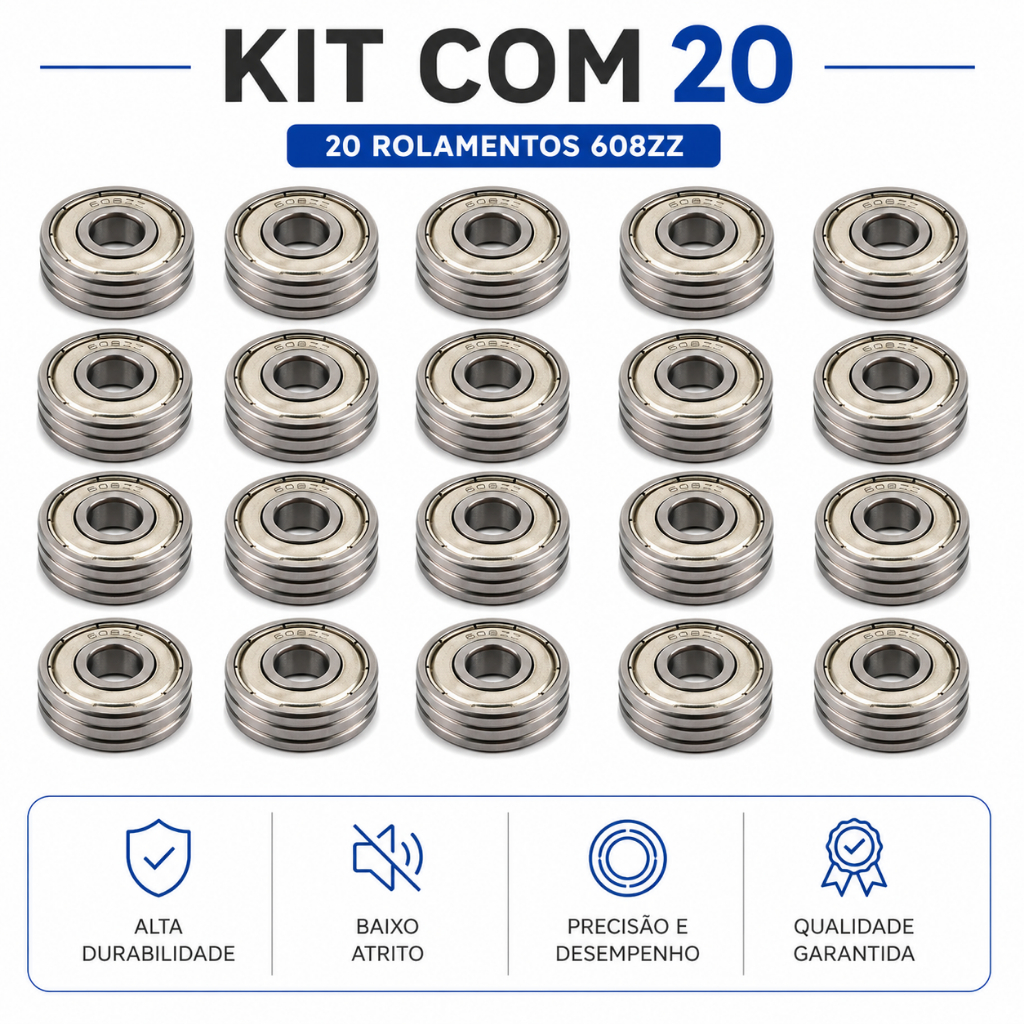 Kit 20 Rolamentos 608ZZ 608 Semi Profissional Abec - Skate, Patins, Longboard e Patinete FRIZADO