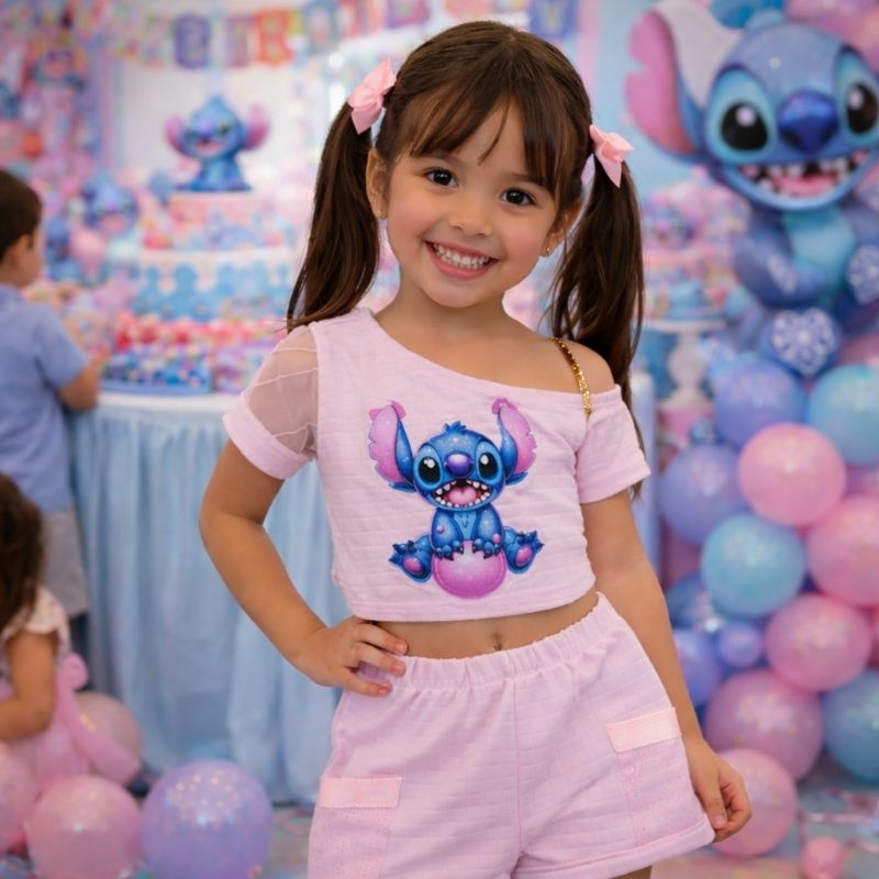 Conjunto Lilo Stitch verão shortinho moda blogueirinha mini diva