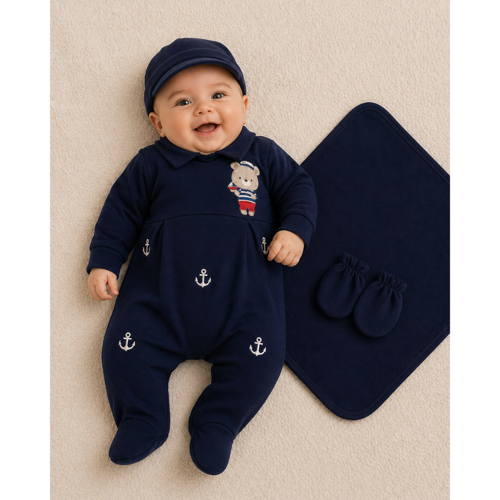 Saida Maternidade de Menino Marinheiro Azul Marinho e Branco 4 peças Roupa de bebê