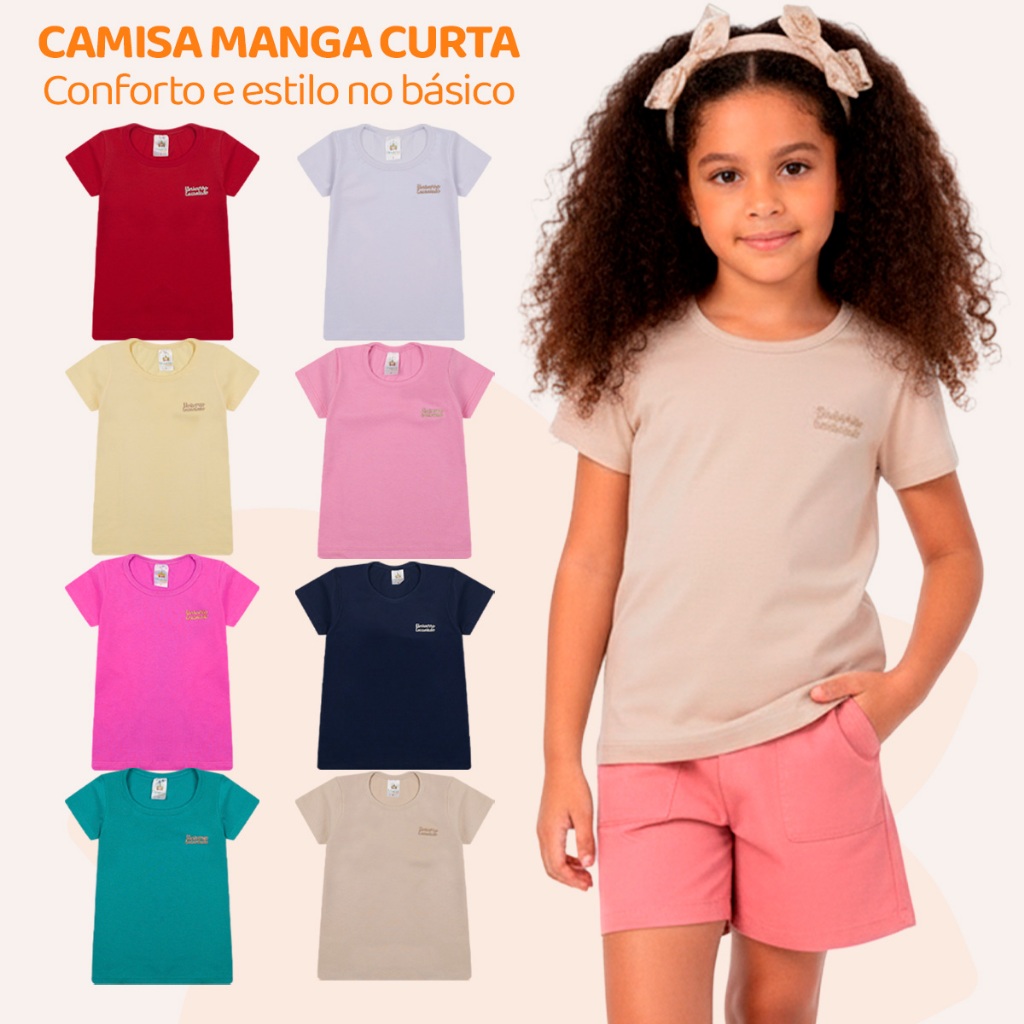 Kit 2, 6 ou 8 Blusas  Infantil para Menina Manga Curta 100% Algodão Moda Infantil Feminina Lisa Básica Colorida
