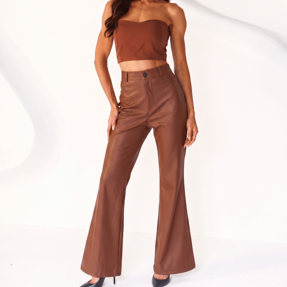 Detalhes do Calça Flare Feminina Couro Premium Cintura Alta Elegante