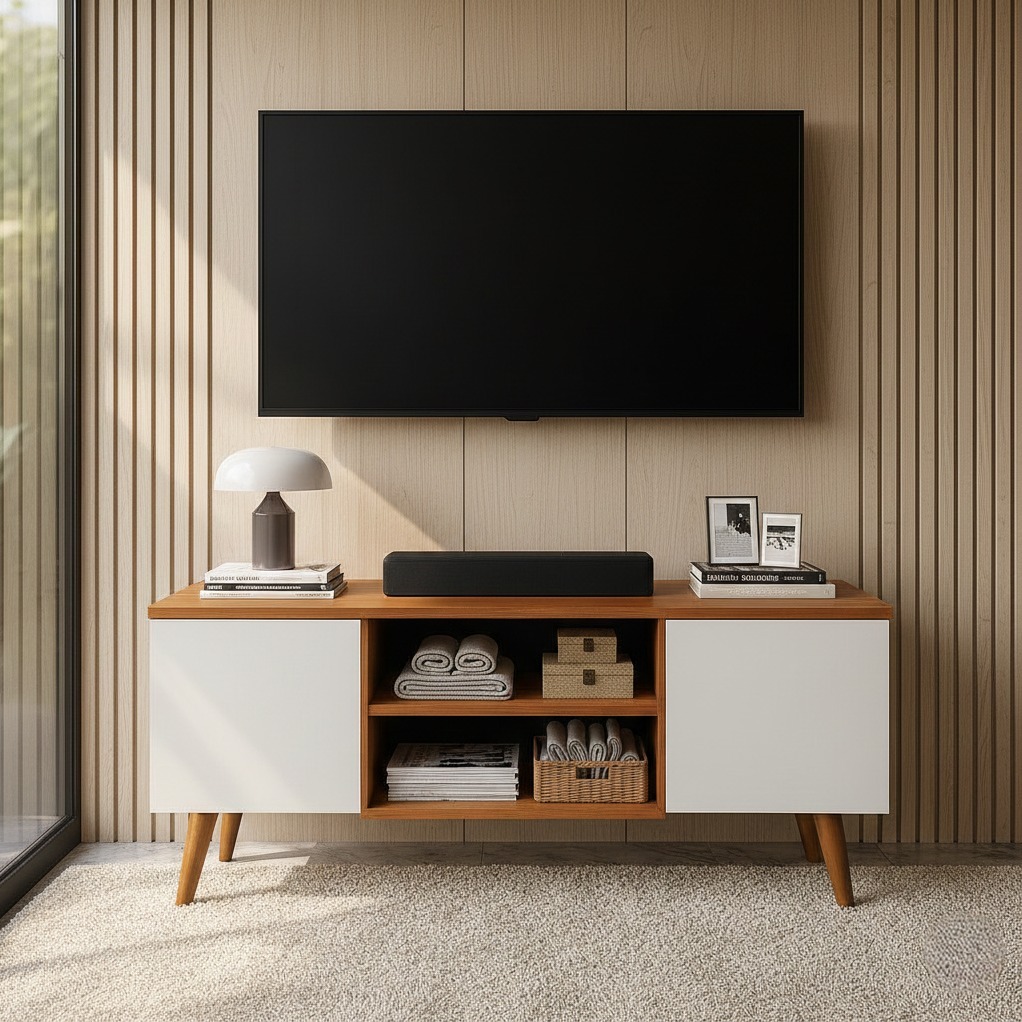 Rack para Sala Retrô com Nichos e Portas para TV até 50 Polegadas