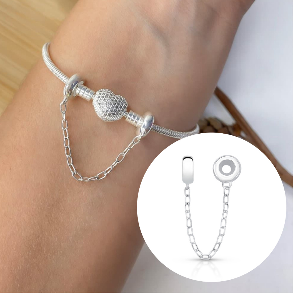 Trava Pega Ladrão Prata 925 Pulseira de Berloques Berloque com Silicone Trava de Segurança Berloque