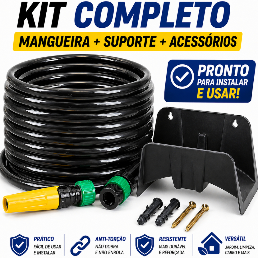 Mangueira Anti Torção + Suporte Parede + Kit Completo Pronta p/ Uso Jardim Carro