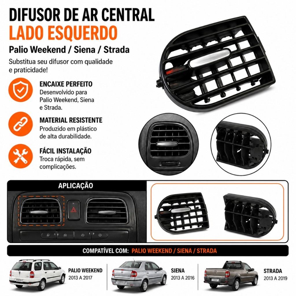 Difusor Ar Central Lado Esquerdo Palio 2013- 2017 Siena 2013- 2016 Strada 2013 -2019 Botão Prata