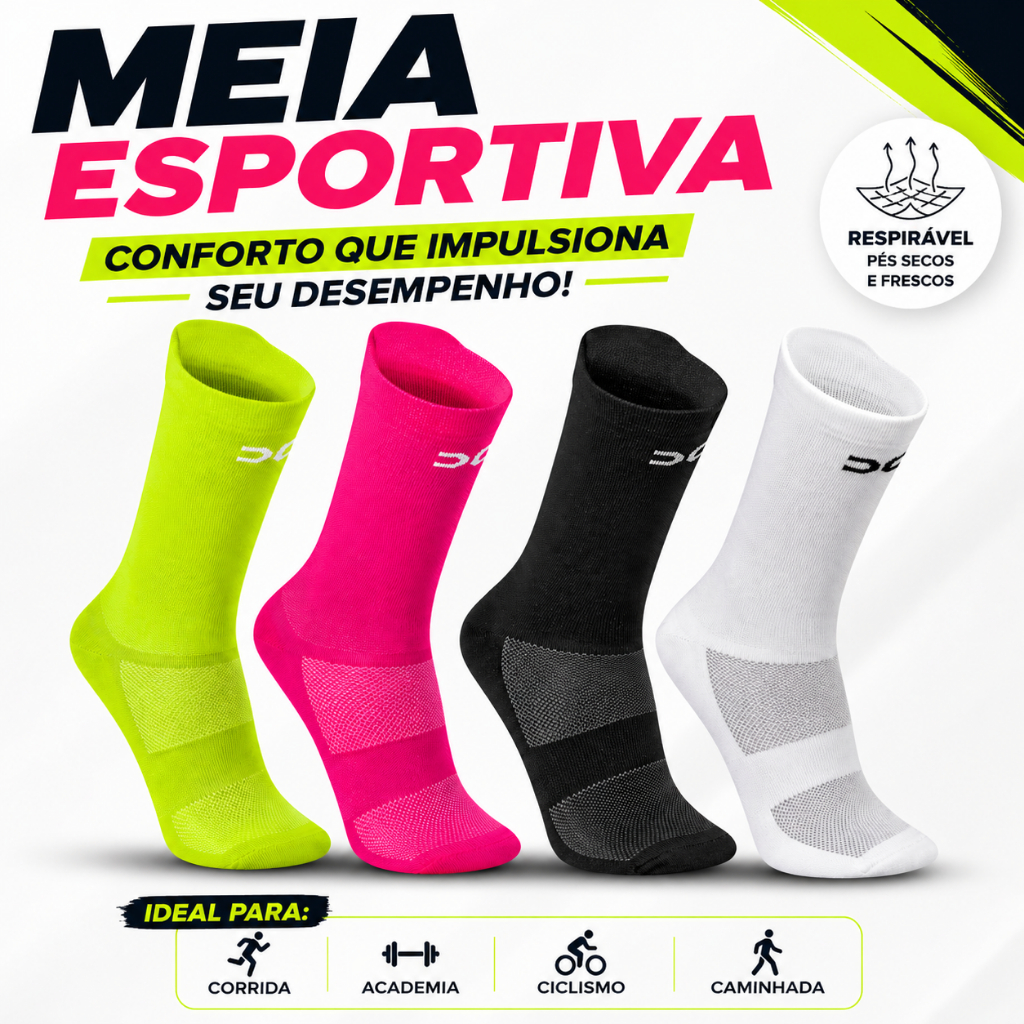 Meia de Corrida Esportiva Poliamida Cano Médio Adulto Unissex Punho 3d  Respirável Ciclismo Crossfit