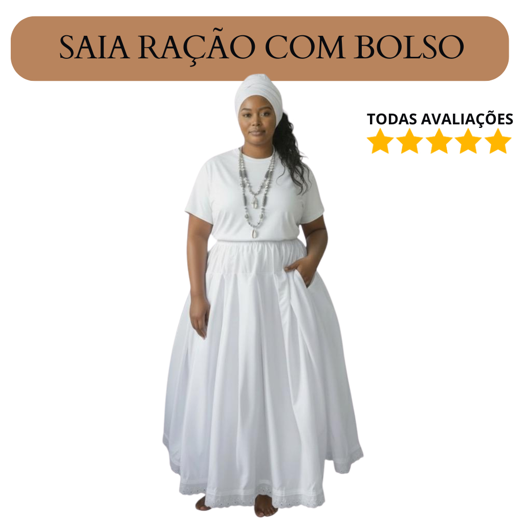 Kit Saia Ração Com Bolso + Camisa OU Camisú + Ojá Para Umbanda E Candomble Com 3,5M de Roda