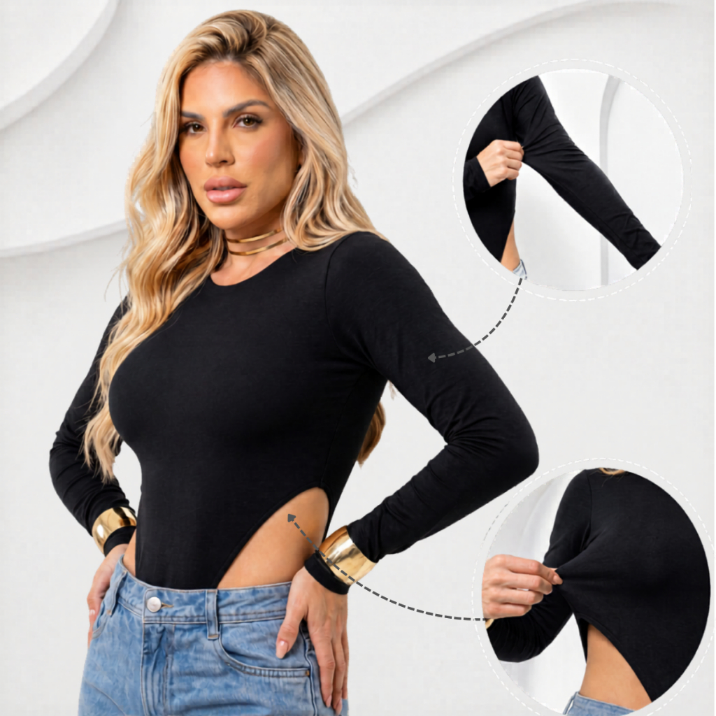 Body Cavadão Manga Longa Collant Feminino Bory Cavado Nas Laterais Moda Gringa Suplex Bori Asa Delta Bodi Balada Inverno