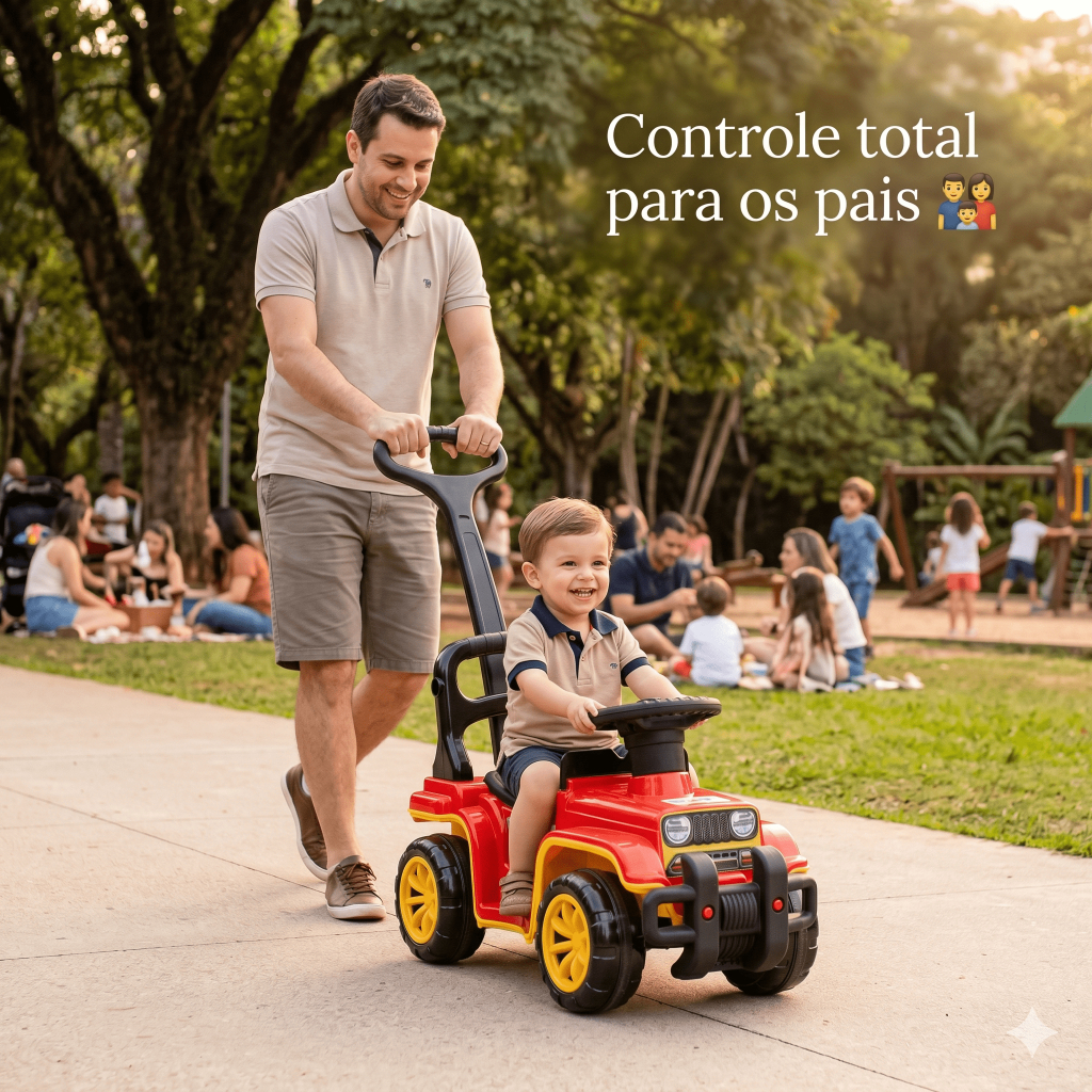 Carrinho Passeio Infantil Bombeiro Jip Empurrar  Haste Proteção  Direcionável Buzina Segurança 30kg