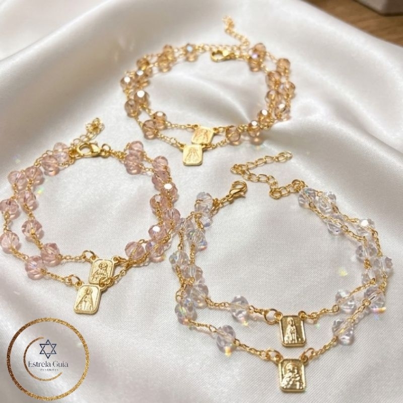 Pulseira Escapulário Cristal Folheada a Ouro 18k Nossa Senhora Aparecida e Jesus Cristo