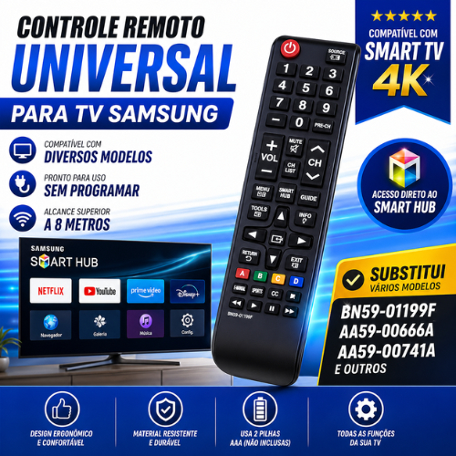 Controle Remoto Samsung Universal Smart TV LED LCD Sem Programar Compatível Todas Funções Fácil Uso Rápido