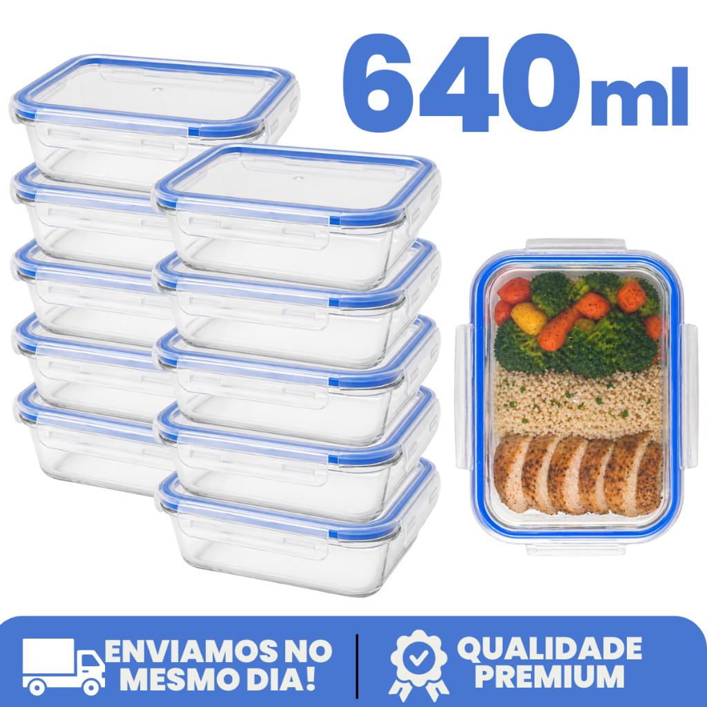 Kit 3 até 12 Potes de Vidro 640ml Hermético Marmita Fit com Tampa Travessa 4 Travas Envio Imediato