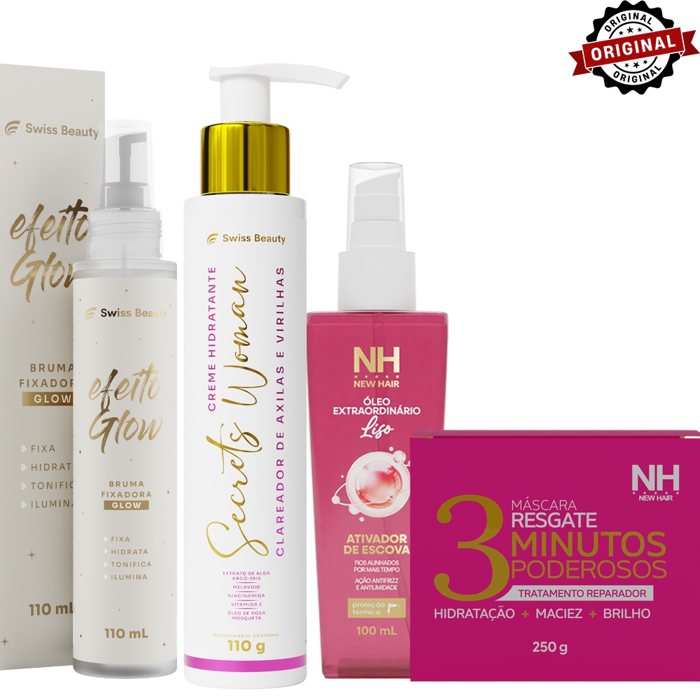 Combo 4 Itens Creme Clareador, Bruma, Máscara 3 Minutos e Óleo Finalizador
