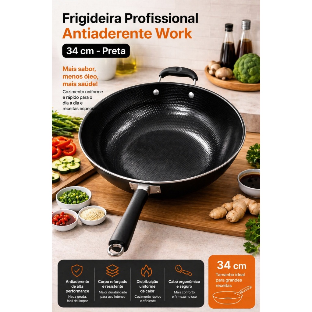 Imagem Frigideira Antiaderente Wok 34cm Profissional Revestimento Durável Cozinha Versátil