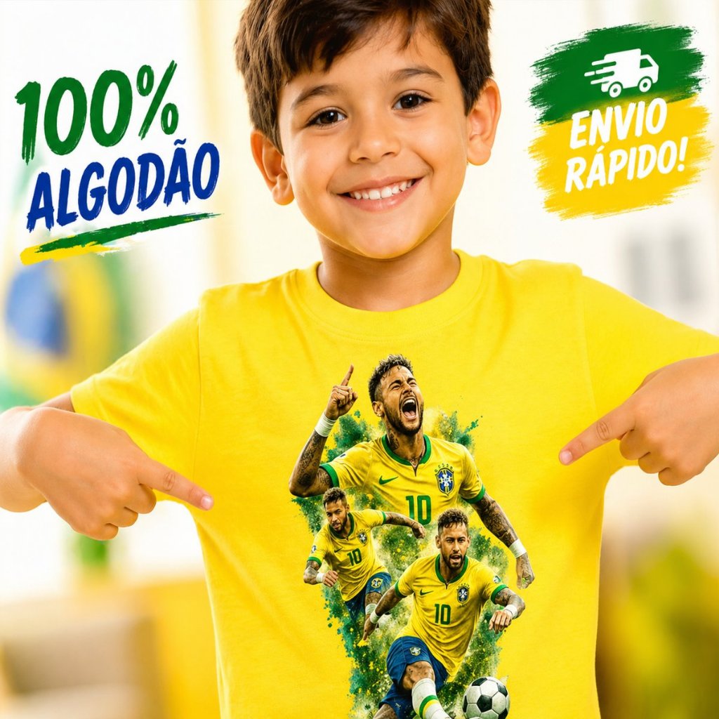 Camiseta Neymar Jr Copa do Mundo Infantil Criança Infantil Juvenil Brasil 100% Algodão