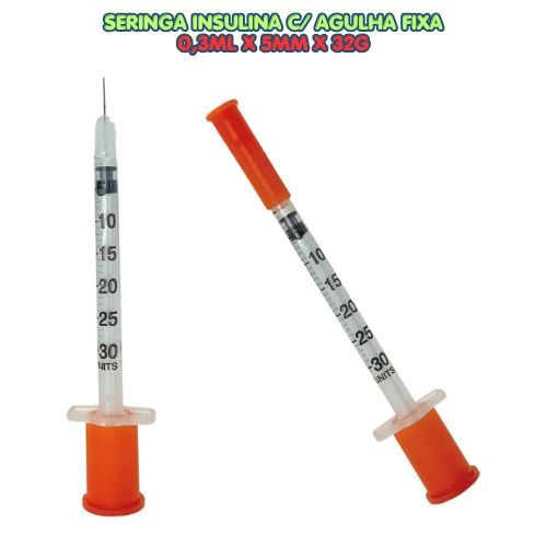 Seringa Insulina 0,3ml 5mm 32G (0,23mm 3/16) Uniqmed Agulha Fixa - Kit C/ 5, 10, 20 Unidades (BLISTER) 30ui