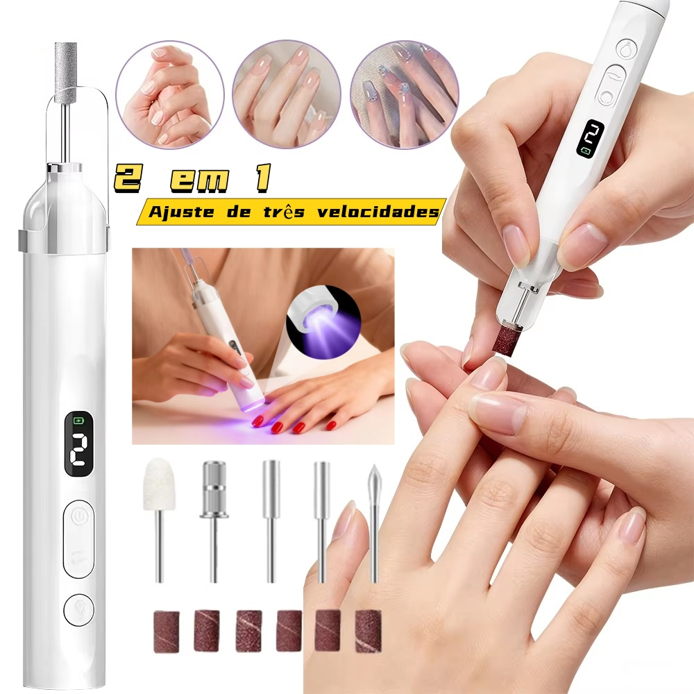 Lixa De Unha Elétrica Polidor 2 em 1 Com Luz Negra, Lanterna e Kit De Lixas