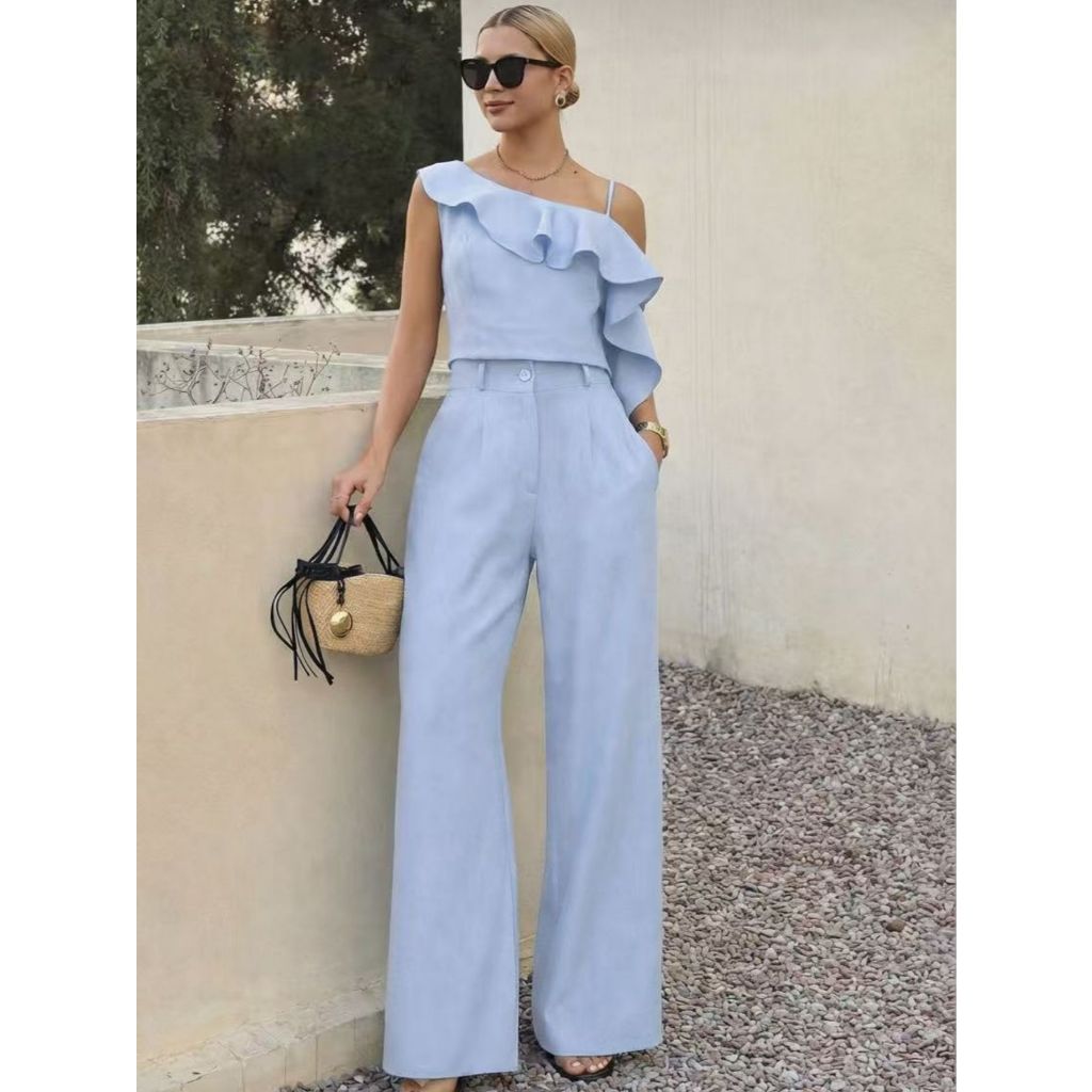 Y493 -Conjunto, ternos femininos de duas peças, calças largas de cintura alta, calças, camisola, top curto, design de ba
