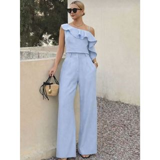 Y493 -Conjunto, ternos femininos de duas peças, calças largas de cintura alta, calças, camisola, top curto, design de ba