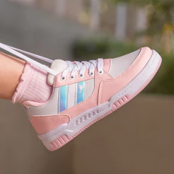 Tênis Casual Feminino Casual Meninas Escolar Street Rosa/Branco/Holográfico