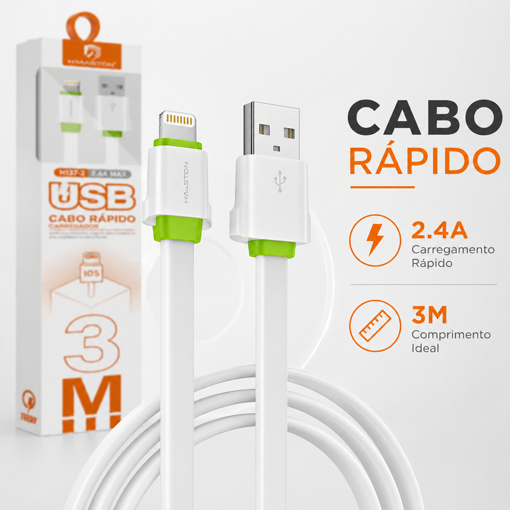 Cabo H'Maston H137-2 Turbo 4.8A 3 Metros V8 Micro USB ou Lightning iOS Reforçado Premium