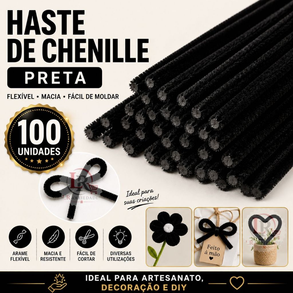 Haste de Chenille Preta 100pçs 30cm Limpador de Cachimbo para Artesanato, Decoração, Escolar, Infantil, Cabelo Maluco