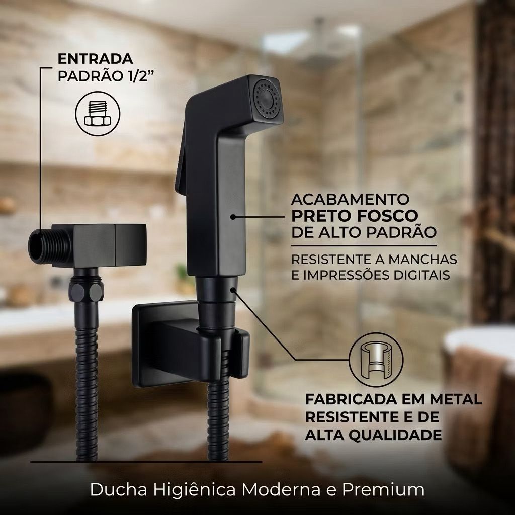 Ducha Higienica Completa Quadrado Preto 1,20 CM Para Banheiro/Bidê