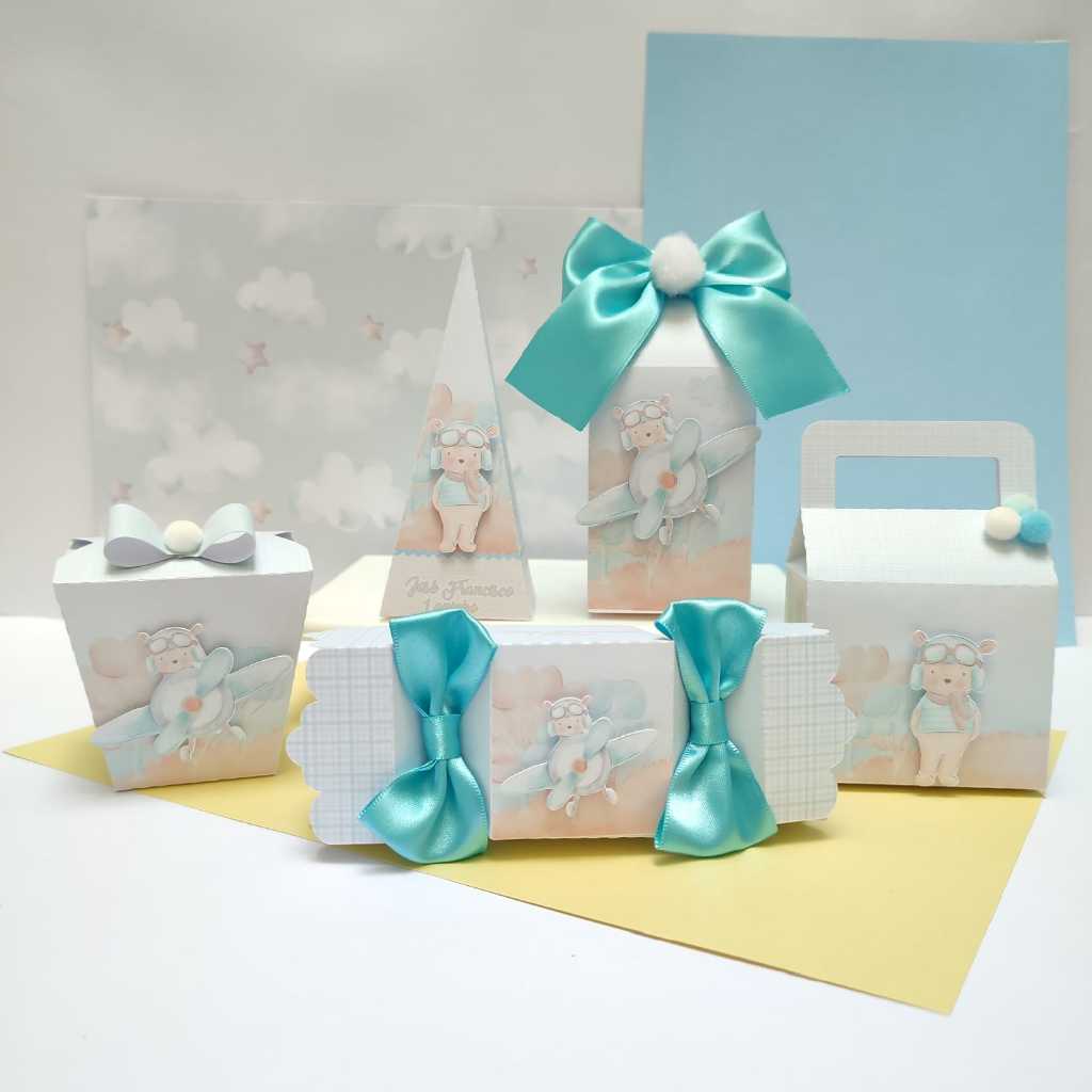 Kit Festa-Lembrancinha aniversário infantil Ursinho Aviador Azul- Papelaria Personalizada- Aniversário Infantil