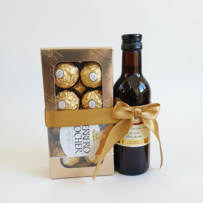 Kit Caixa de bombons Ferrero RocheR com Vinho tinto e laço - presente para namorado, ou aniversário