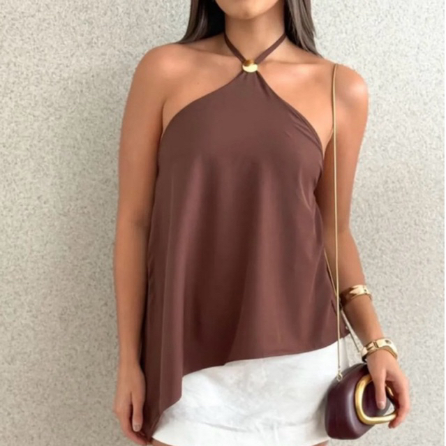 Blusa Feminina Frente Única Assimétrica Elegante Fivela Dourada amarração no pescoço crepe duna elegante casual