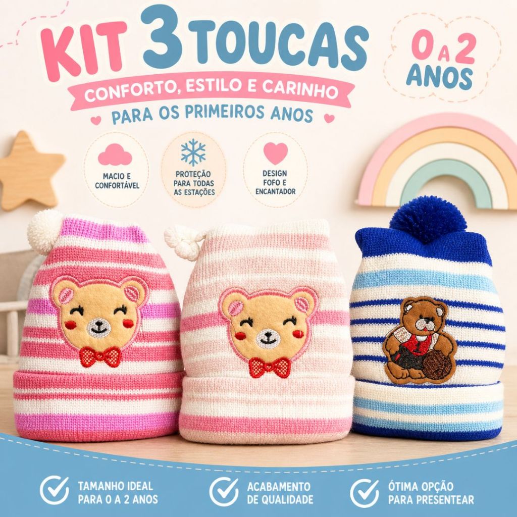 Kit 3 Toucas Bebê Menino Menina Confortável Barato