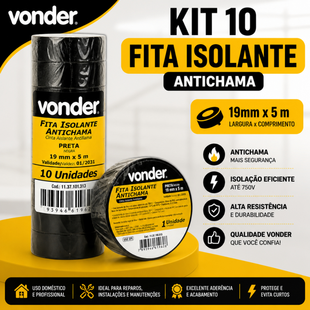 Kit de Fita Isolante Antichamas Vonder 19mm x 5m Isolar Fios - 10°C até 80°C