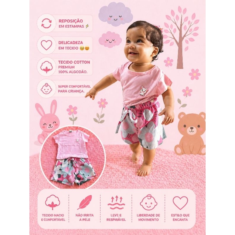 Conjunto Infantil Feminino Veste De 1 a 2 Anos - Tecido Cotton Premium - Algodão Confortável