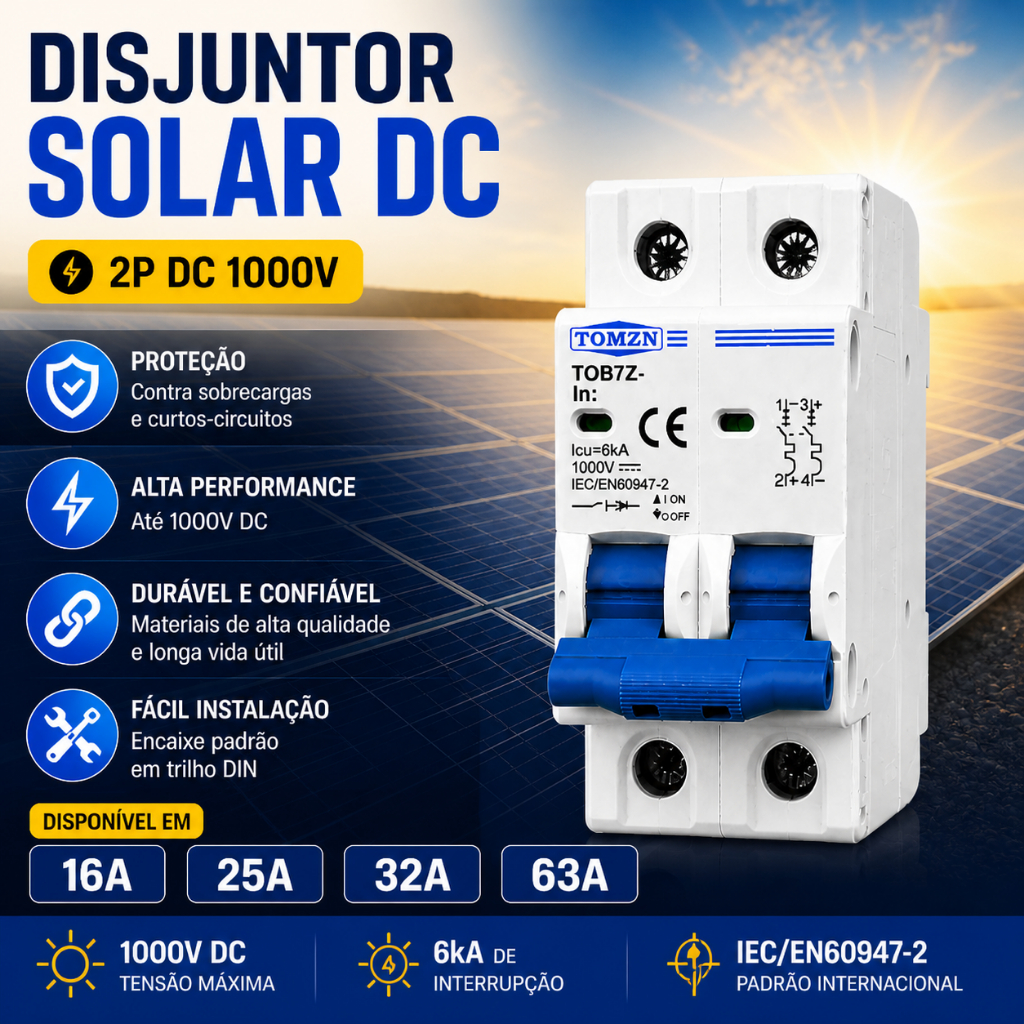 Disjuntor Energia Solar 16A 20A 25A 32A 40A 50A 63A DC Corrente Contínua Bipolar