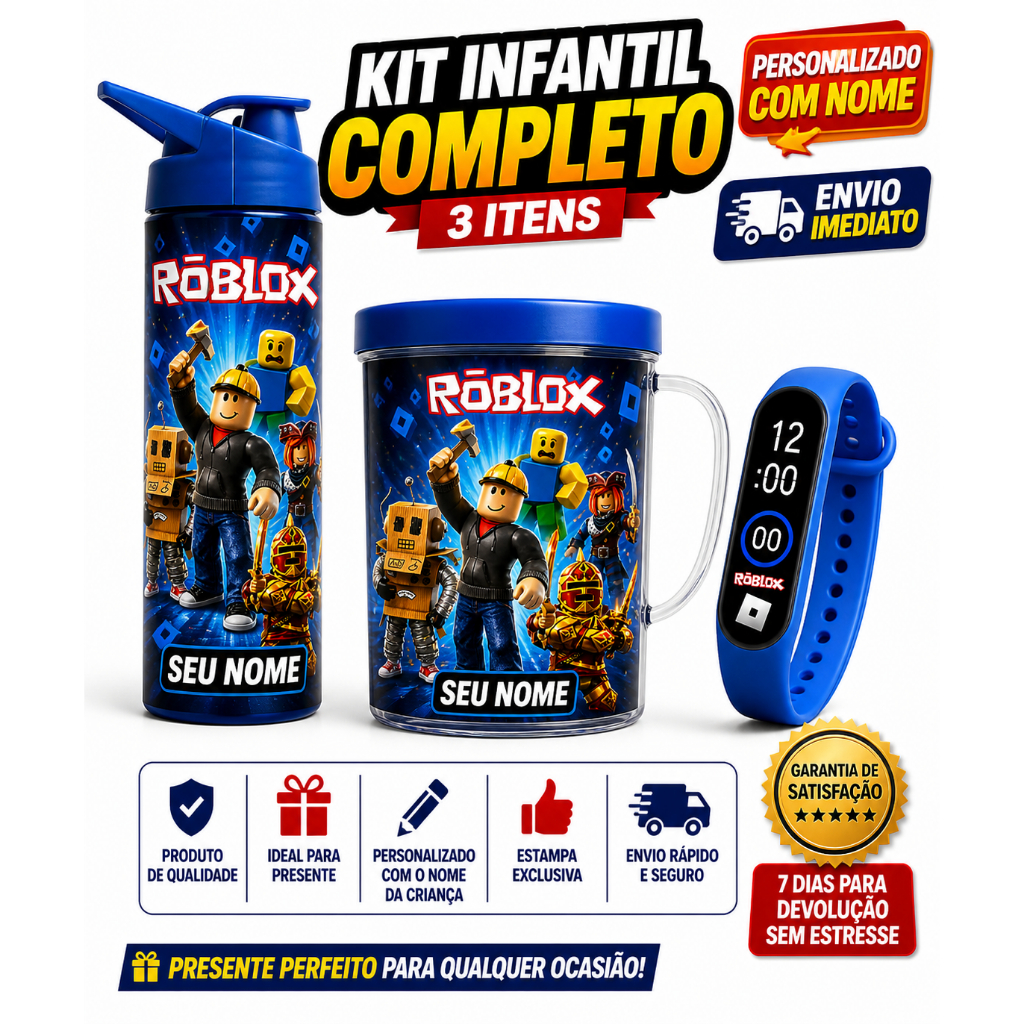 ROBLOX Garrafa Copo e Relógio Digital Infantil - Presente Aniversário - Com Nome da Criança - FULL