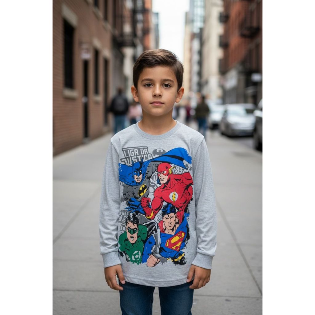 CAMISETA INFANTIL MANGA LONGA DA LIGA DA JUSTIÇA