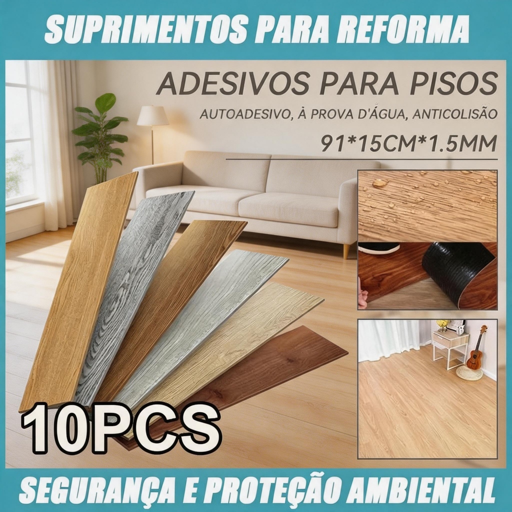 Kit 10 pcs Piso Vinílico Adesivo Piso Adesivo Madeira Premium 91x15cm Fácil Instalação