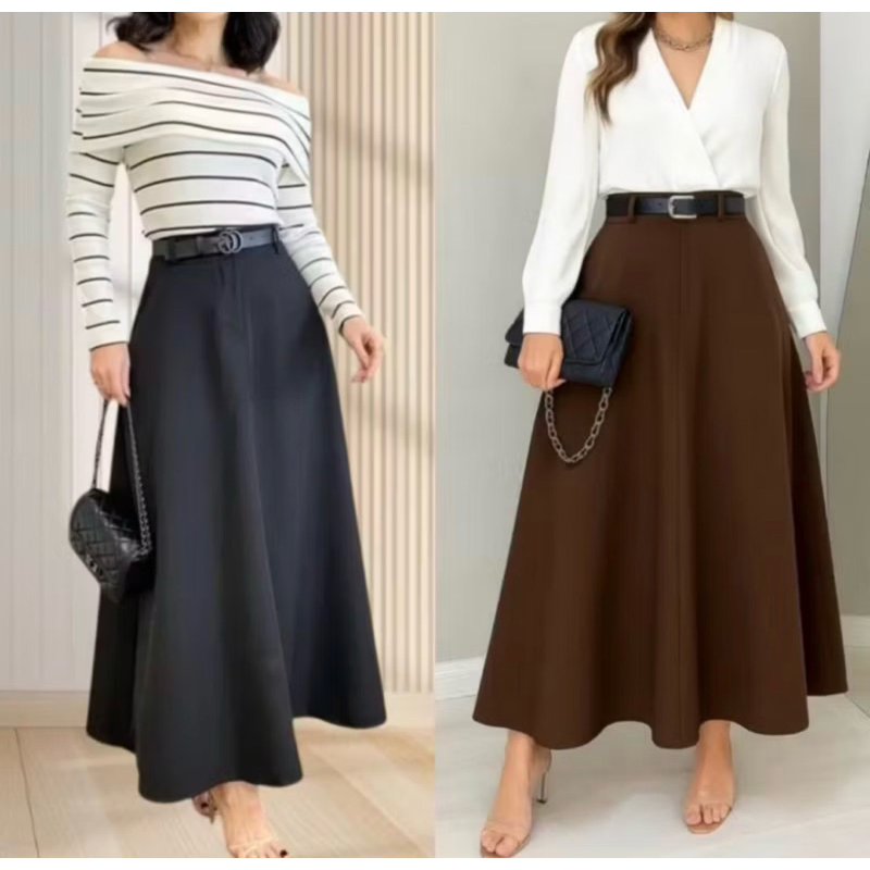 SAIA RODADA LONGA FEMININA ALFAIATARIA MODA EVANGÉLICA CASUAL BÁSICA INVERNO CINTURA ALTA GODÊ ELEGANTE TENDÊNCIA