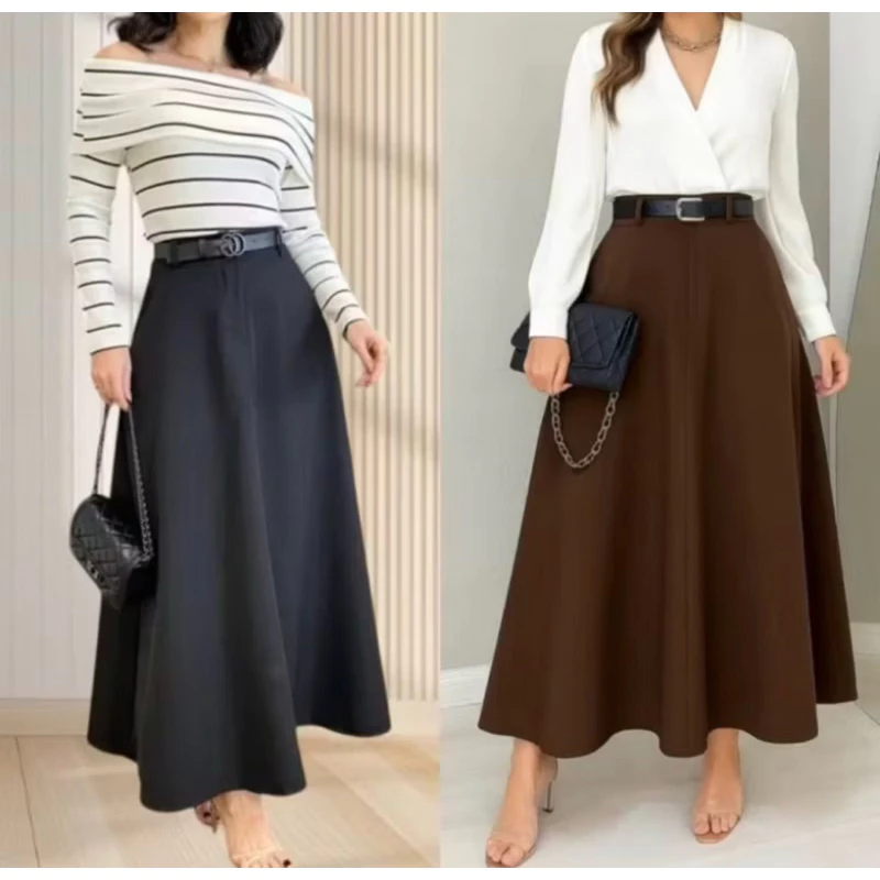 SAIA RODADA LONGA FEMININA ALFAIATARIA MODA EVANGÉLICA CASUAL BÁSICA INVERNO CINTURA ALTA GODÊ ELEGANTE TENDÊNCIA