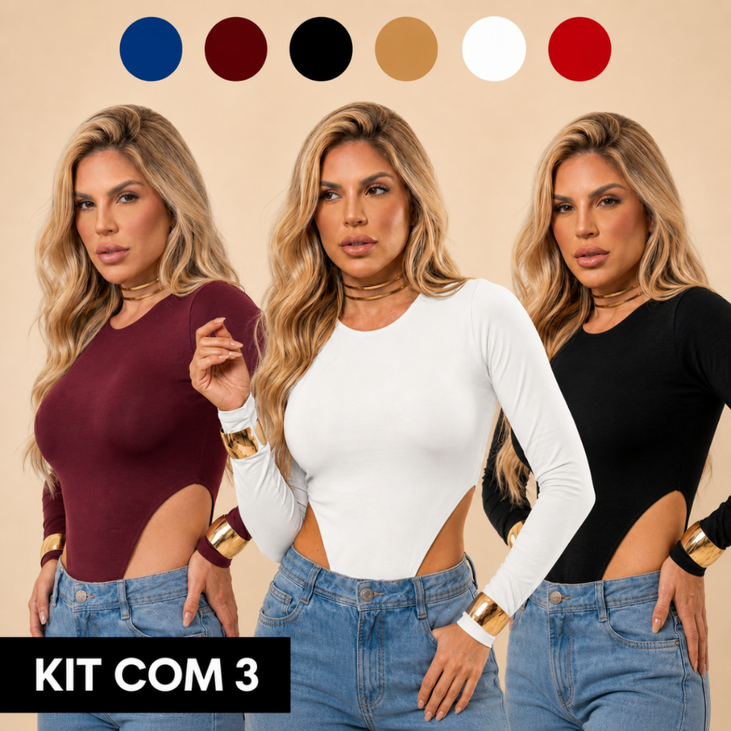 Kit 3 Body Manga Longa Cavado Nas Laterais Collant Feminino Bory Moda Gringa Cavadão Suplex Bori Bodi Balada Inverno
