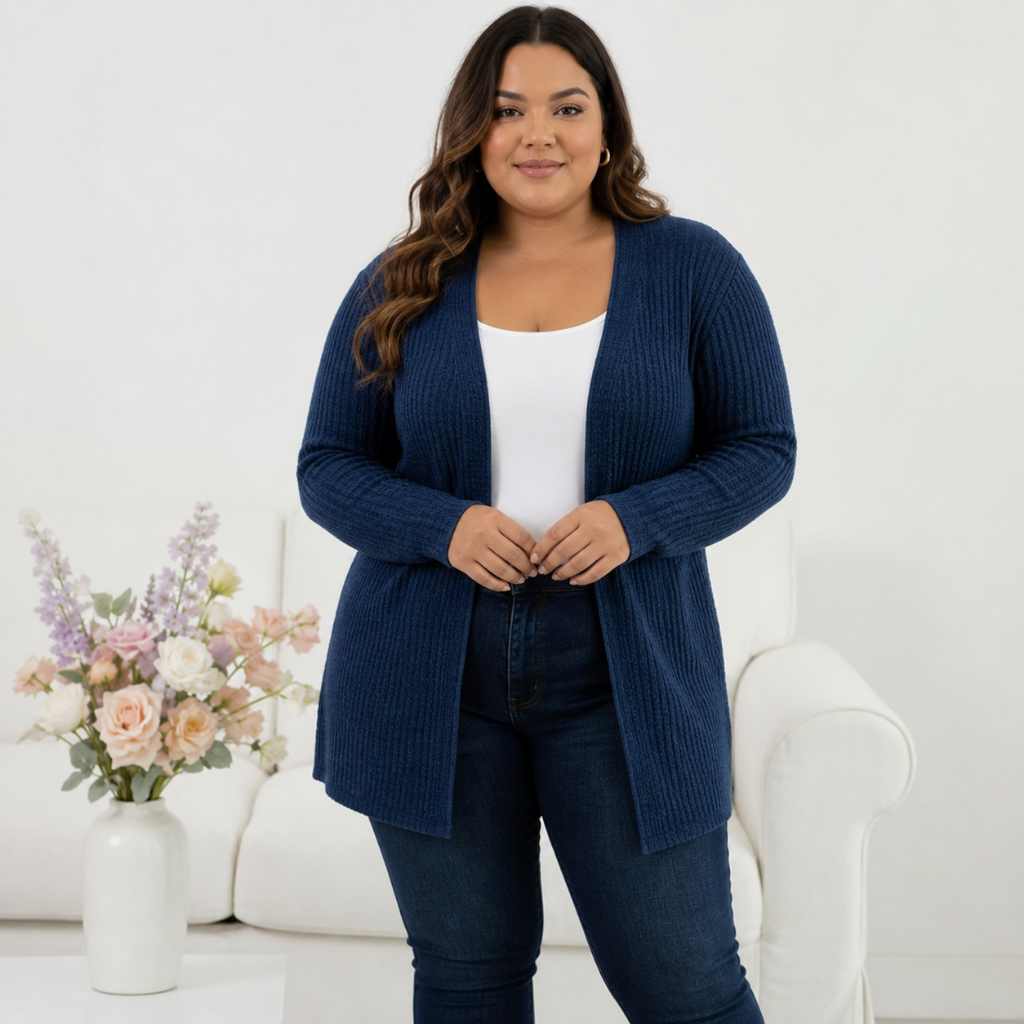 Cardigan Feminino Plus Size Tricô Canelado Premium - Casaco Blogueira Inverno Quentinho Macio