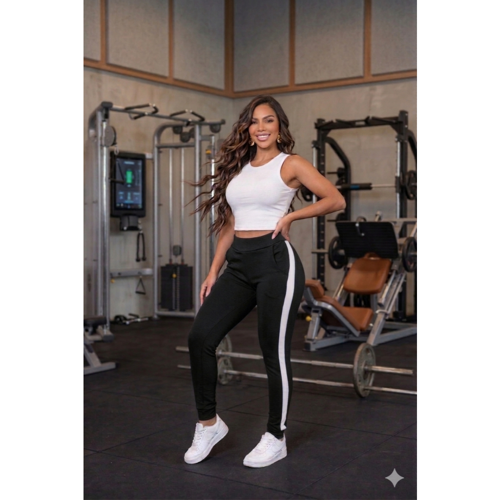 Calça Feminina Jogger Malha Crepe Trabalho Academia Escola  Listra Lateral -Não FICA TRANSPARENTE Com Bolso