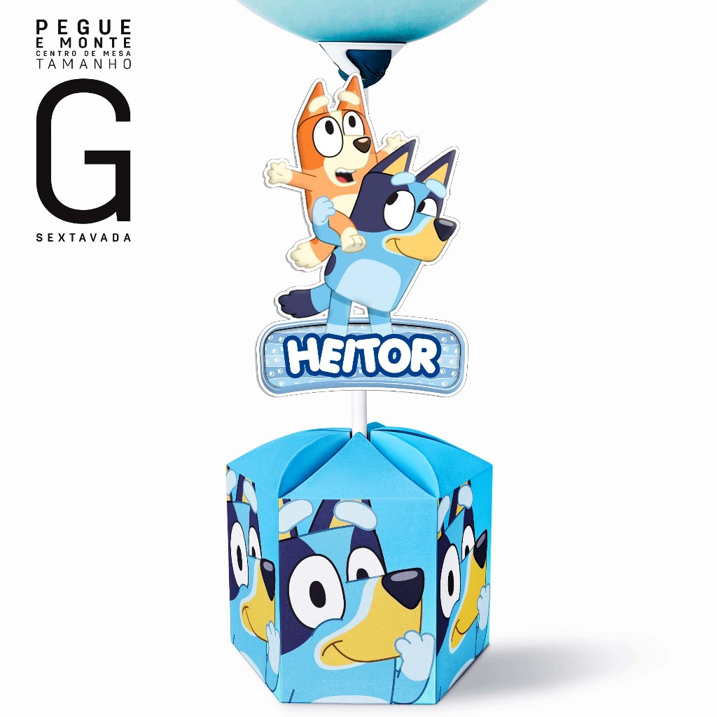 Centro de Mesa BLUEY E BINGO - Caixa Sextavada - Tamanho G - Personalizado (PEGUE E MONTE)