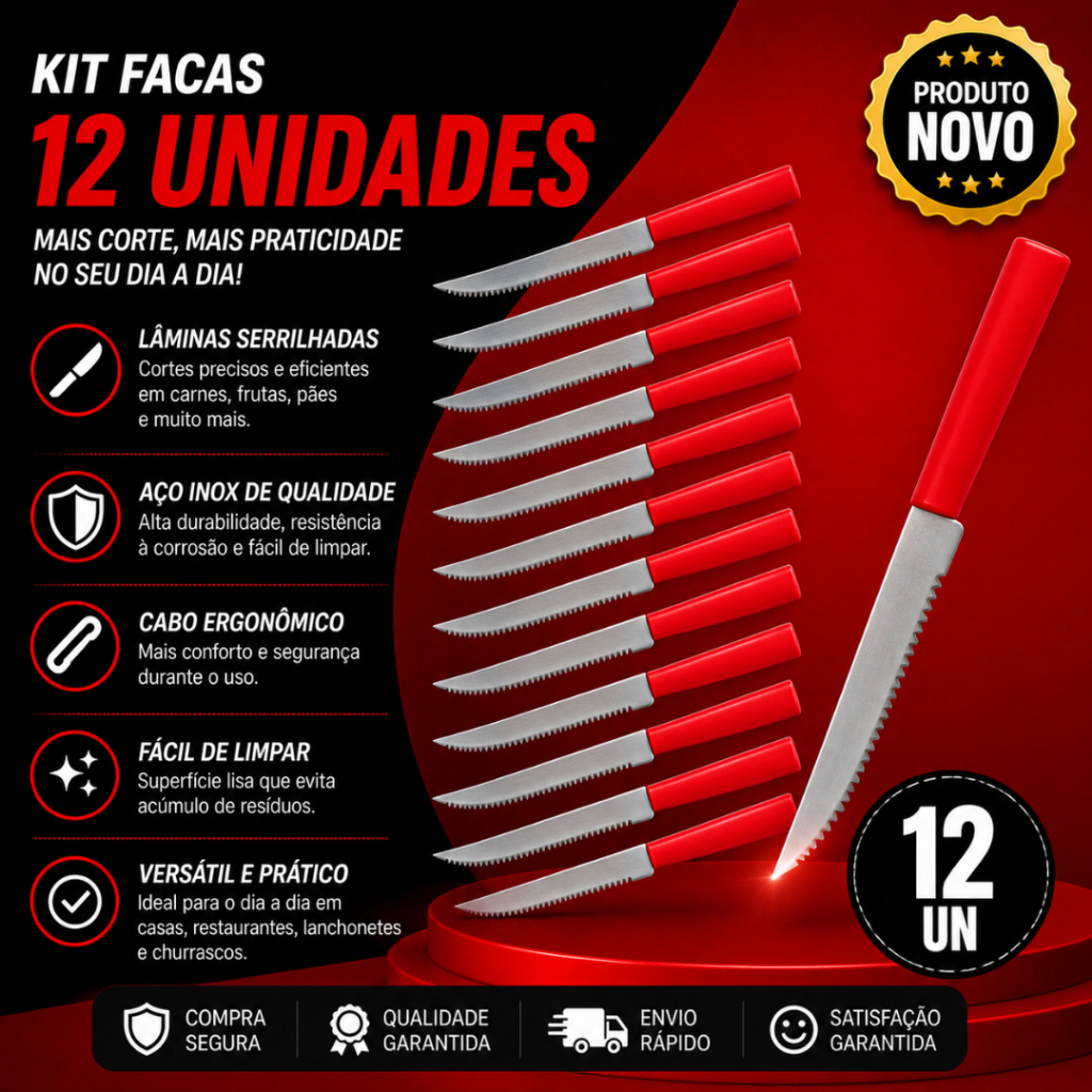Conjunto com 12 Faca de Churrasco Talher Aço Inox 22cm Cabo Colorido Vermelho Linha Home
