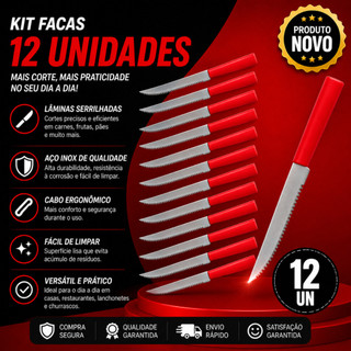 Conj com 12 Faca de Mesa, Churrasco Talher de Aço Inox 22cm com Cabo Colorido Vermelho .