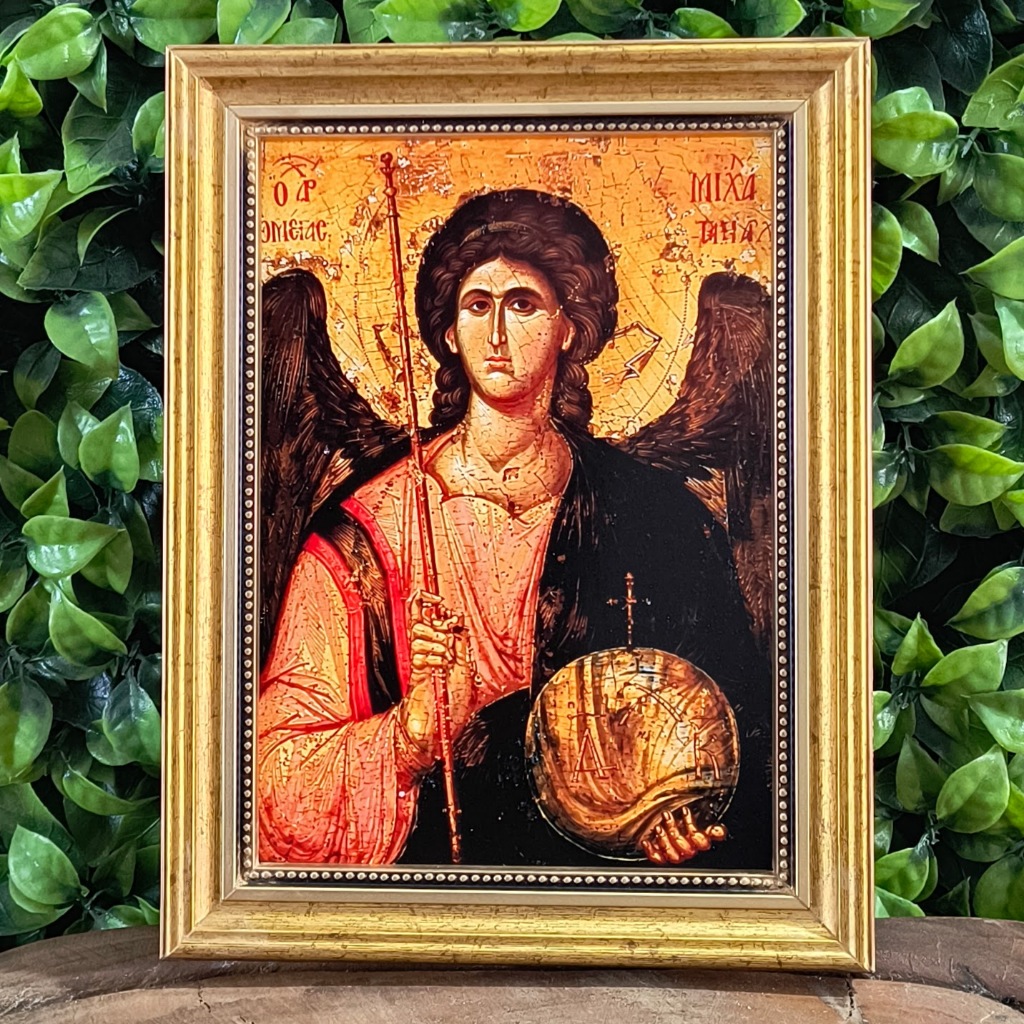 Quadro decorativo com moldura e vidro Ícone São Miguel Arcanjo Arte Sacra Jesus Cristo