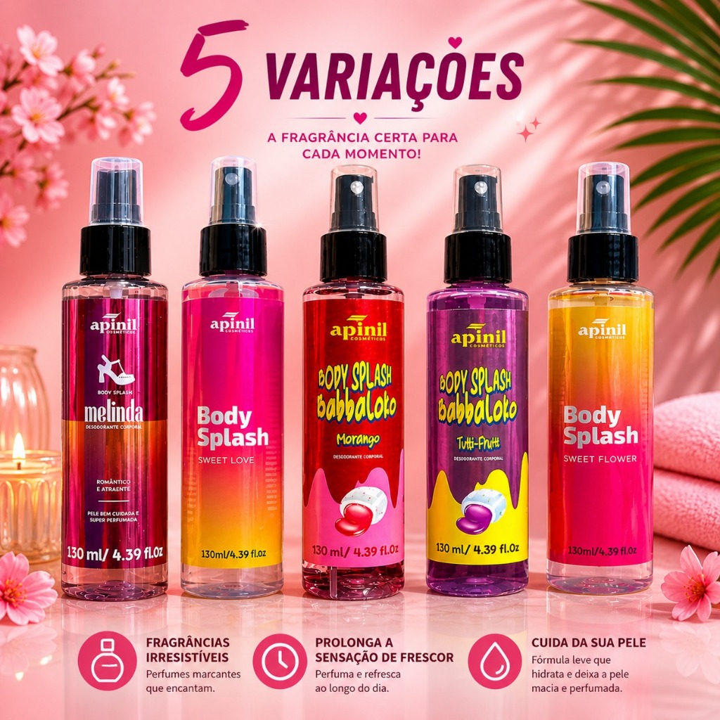 Body Splash Apinil 130ml Fragrâncias Melinda / Babbaloko / Sweet Love - Perfume Corporal Refrescante