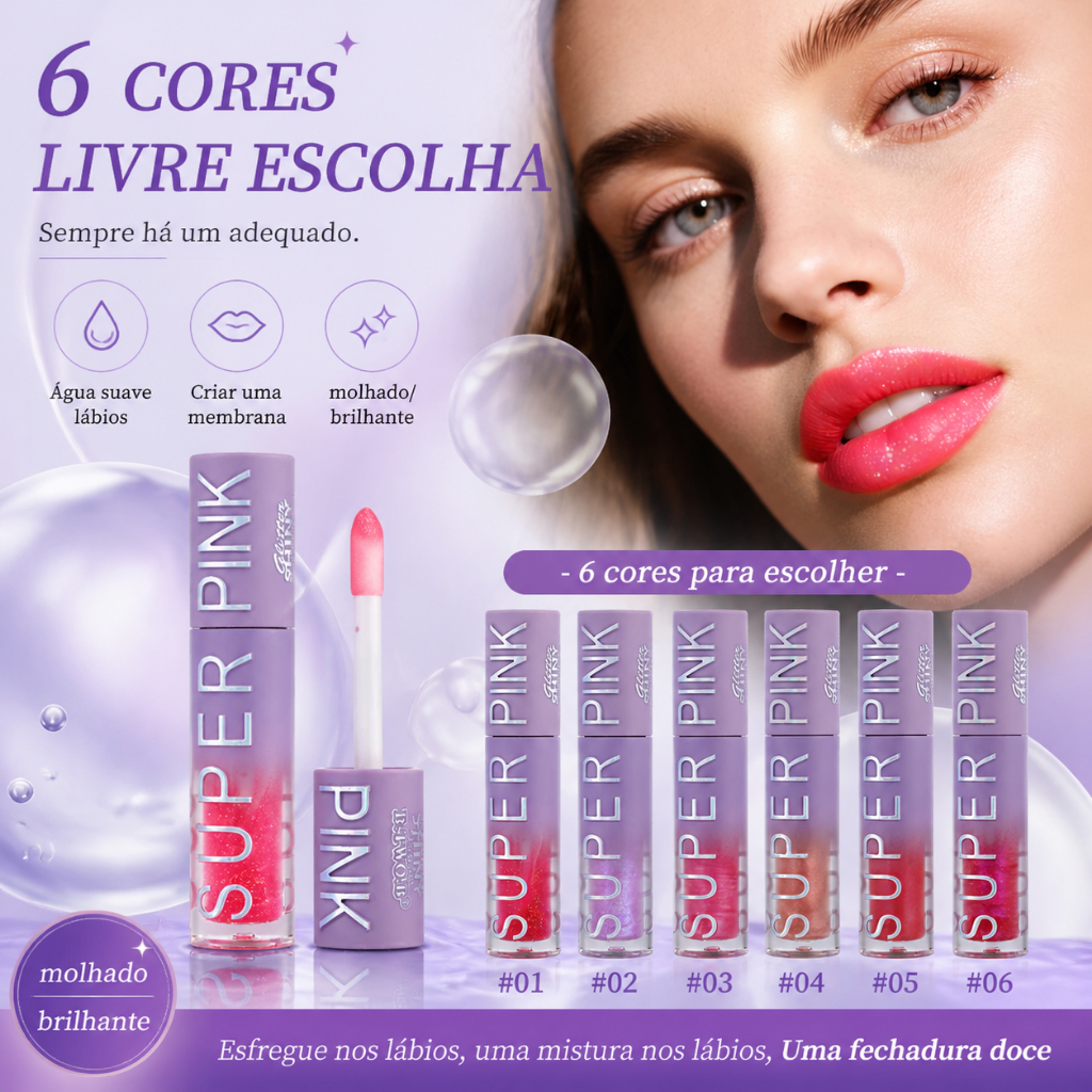B.TWO.B Super Pink Gloss Labial, Não Adere ao Copo, Longa Duração, Brilho Intenso